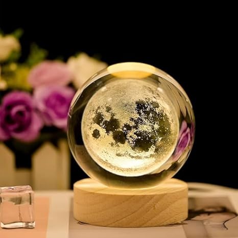 3d crystal ball solar system night lamp with wooden base – led colorful touch light | glass astronomy moon lamp for home décor