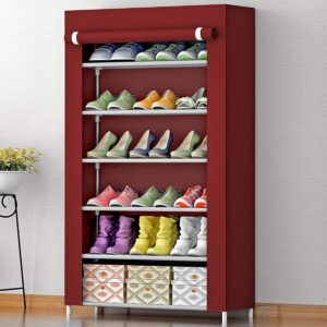 super premium 6 layer shoe rack with dustproof cover – space saving plastic shoe organizer (maroon)